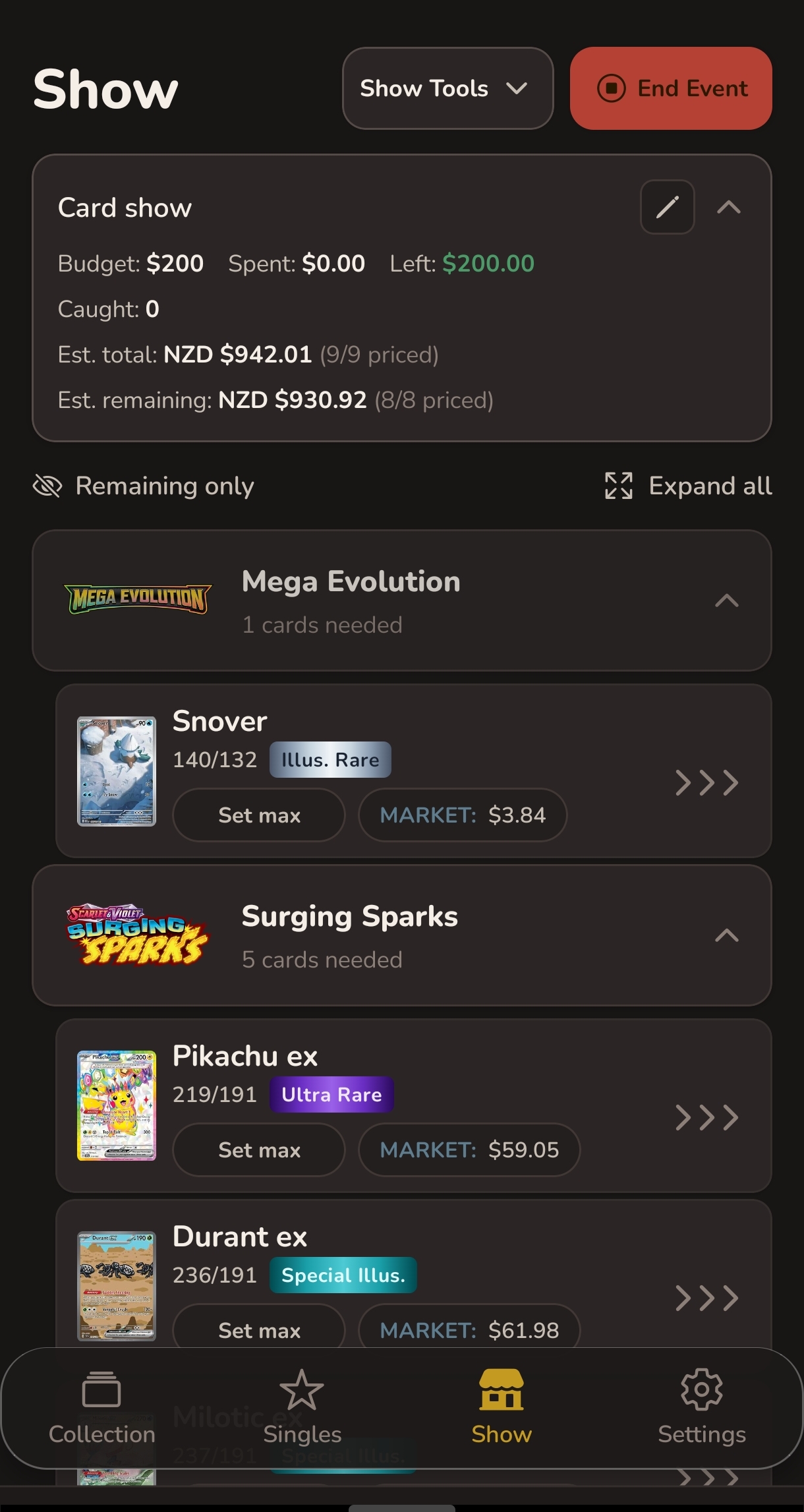 Show tab displaying a hunt list organised by set with budget tracker at the top