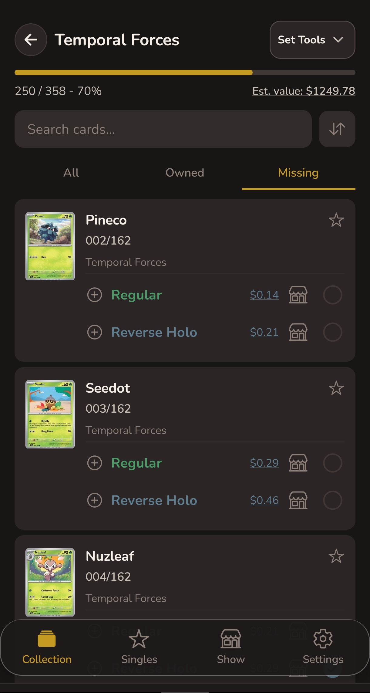 Set detail view showing missing cards from Temporal Forces with a gold progress bar