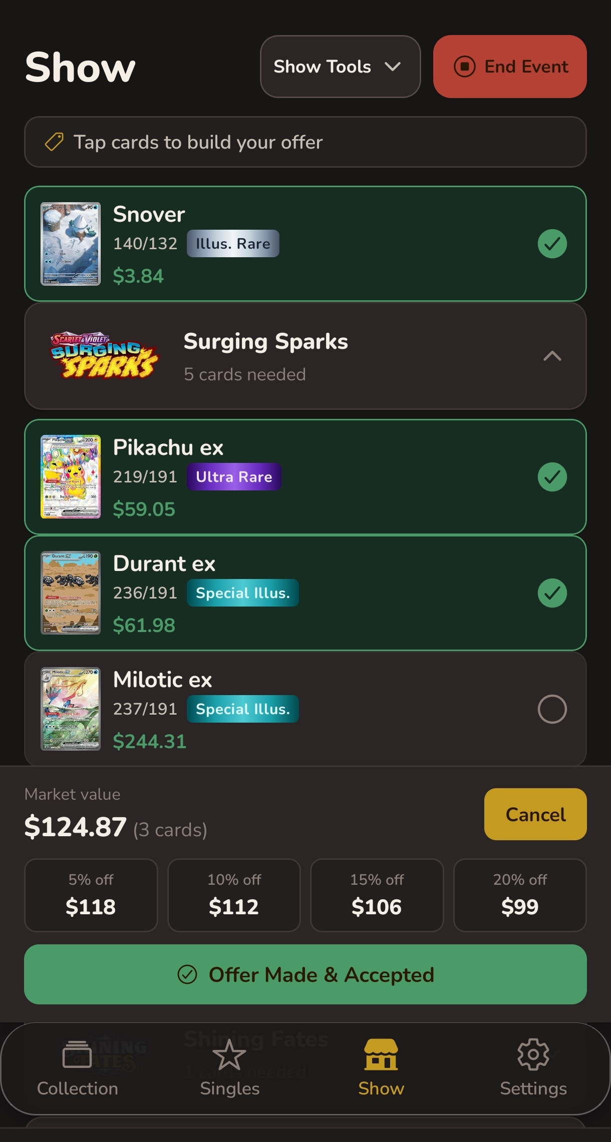 Make an offer screen showing selected cards with combined market value and discount options